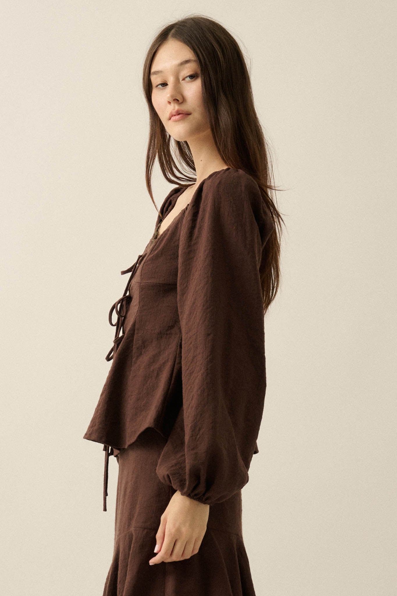 Love Affair Tie-Front Balloon-Sleeve Peasant Top - ShopPromesa