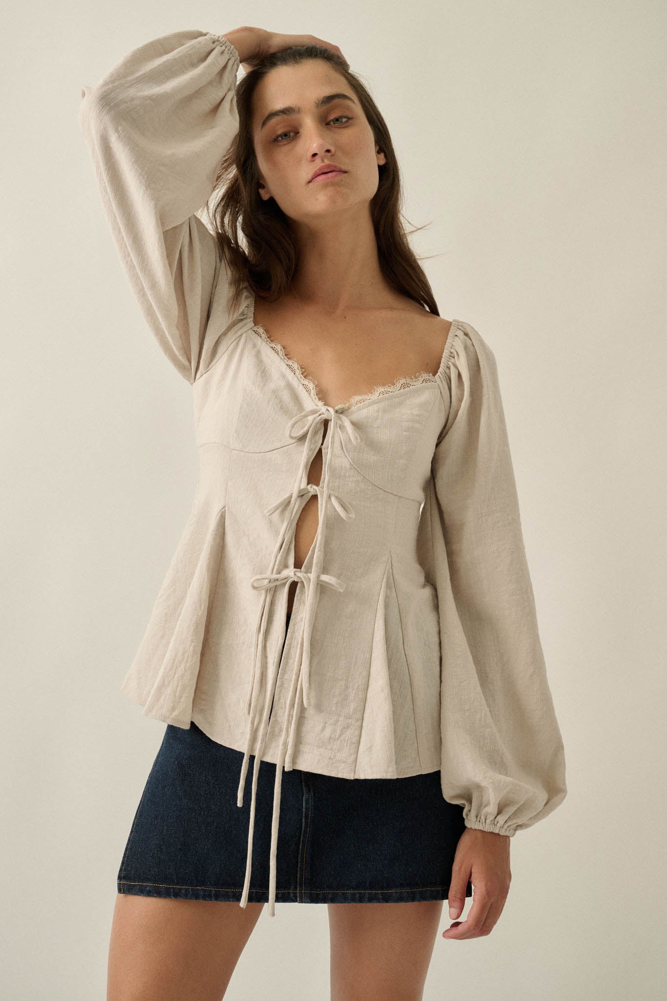 Love Affair Tie-Front Balloon-Sleeve Peasant Top - ShopPromesa