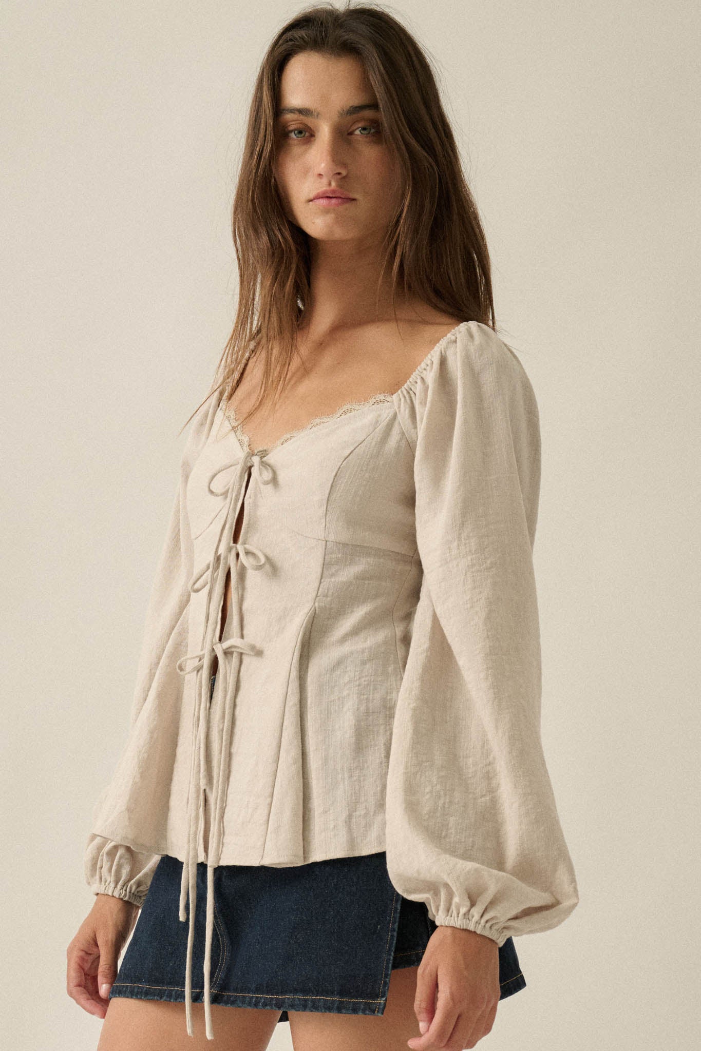 Love Affair Tie-Front Balloon-Sleeve Peasant Top - ShopPromesa