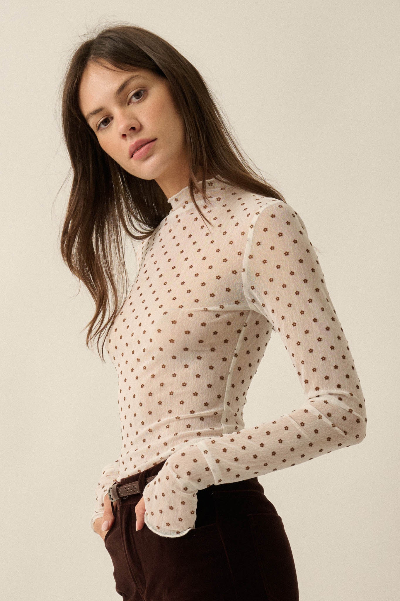 Dainty Daisies Sheer Floral Mesh Thumbhole Top - ShopPromesa