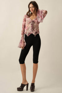 Picture Perfect Floral Mesh Tie-Front Bell-Sleeve Top - ShopPromesa