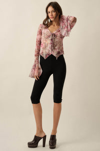 Picture Perfect Floral Mesh Tie-Front Bell-Sleeve Top - ShopPromesa