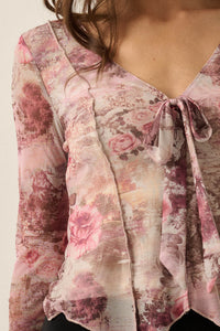 Picture Perfect Floral Mesh Tie-Front Bell-Sleeve Top - ShopPromesa