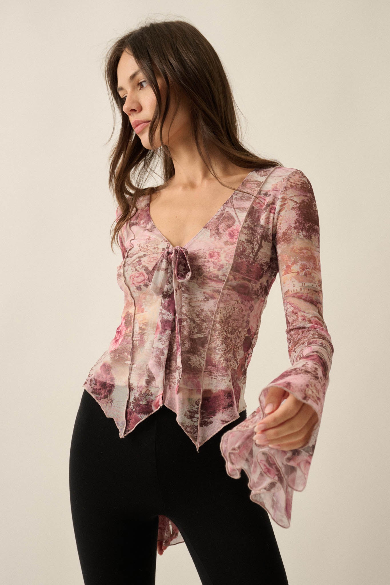 Picture Perfect Floral Mesh Tie-Front Bell-Sleeve Top - ShopPromesa