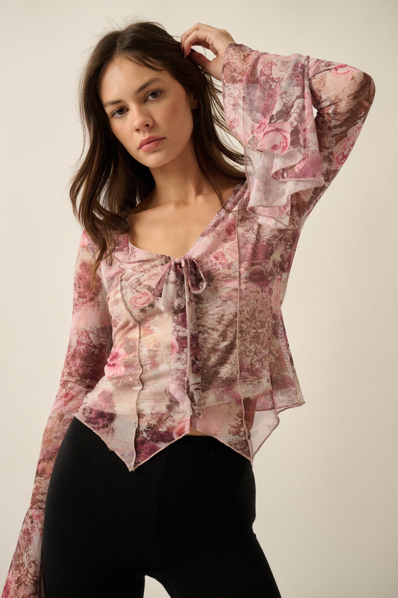 Picture Perfect Floral Mesh Tie-Front Bell-Sleeve Top - ShopPromesa