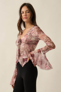 Picture Perfect Floral Mesh Tie-Front Bell-Sleeve Top - ShopPromesa