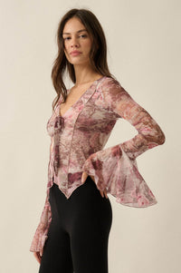 Picture Perfect Floral Mesh Tie-Front Bell-Sleeve Top - ShopPromesa