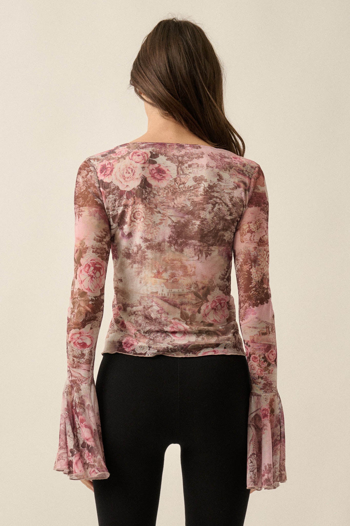 Picture Perfect Floral Mesh Tie-Front Bell-Sleeve Top - ShopPromesa