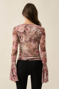 Picture Perfect Floral Mesh Tie-Front Bell-Sleeve Top - ShopPromesa