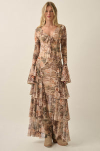Picture Perfect Floral Mesh Tie-Front Bell-Sleeve Top - ShopPromesa