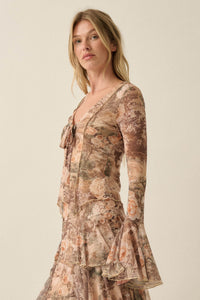 Picture Perfect Floral Mesh Tie-Front Bell-Sleeve Top - ShopPromesa