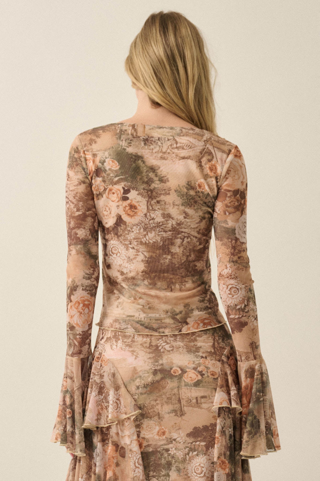 Picture Perfect Floral Mesh Tie-Front Bell-Sleeve Top - ShopPromesa
