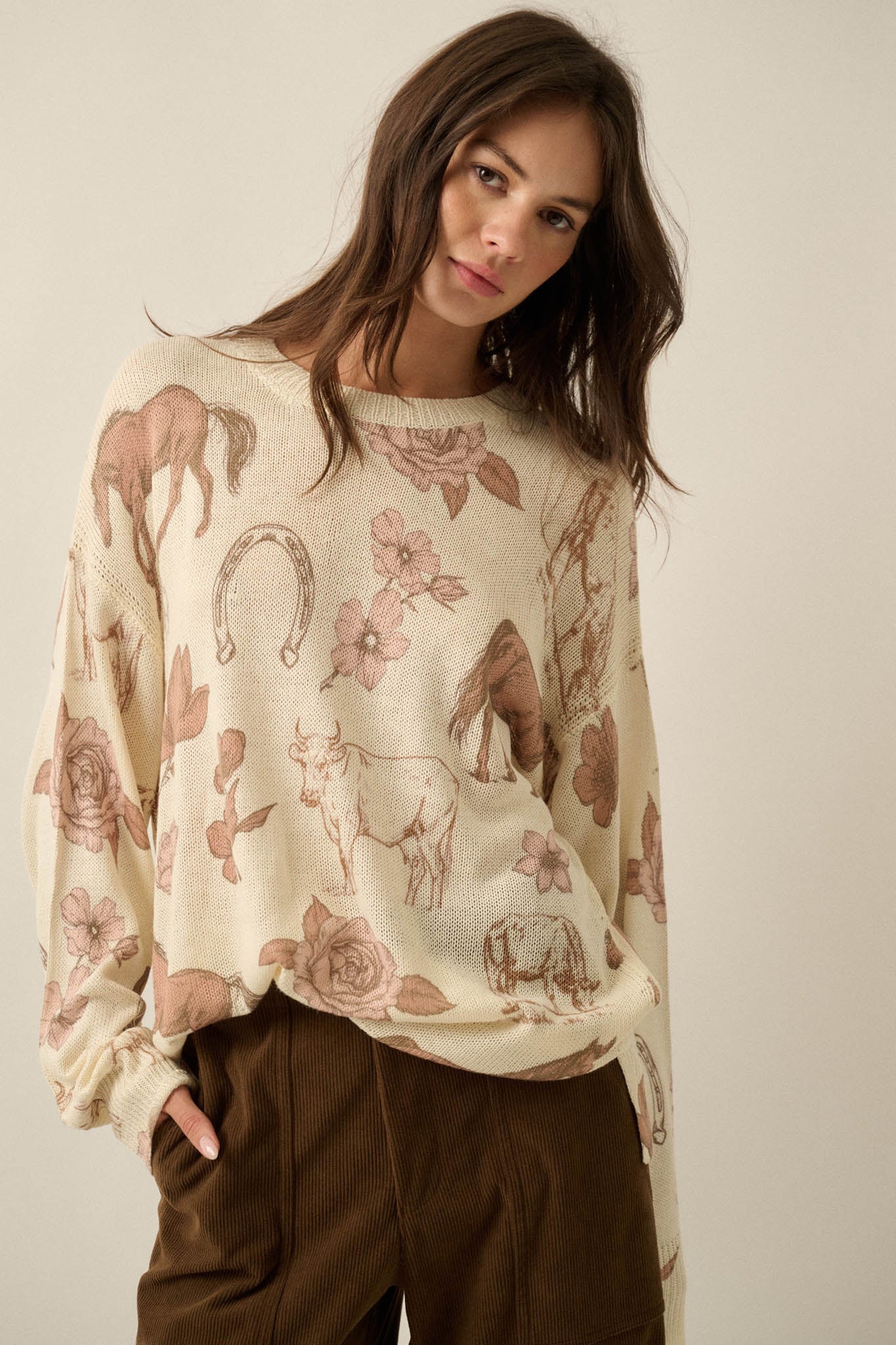 Ride the Range Western-Print Drop-Shoulder Sweater - ShopPromesa