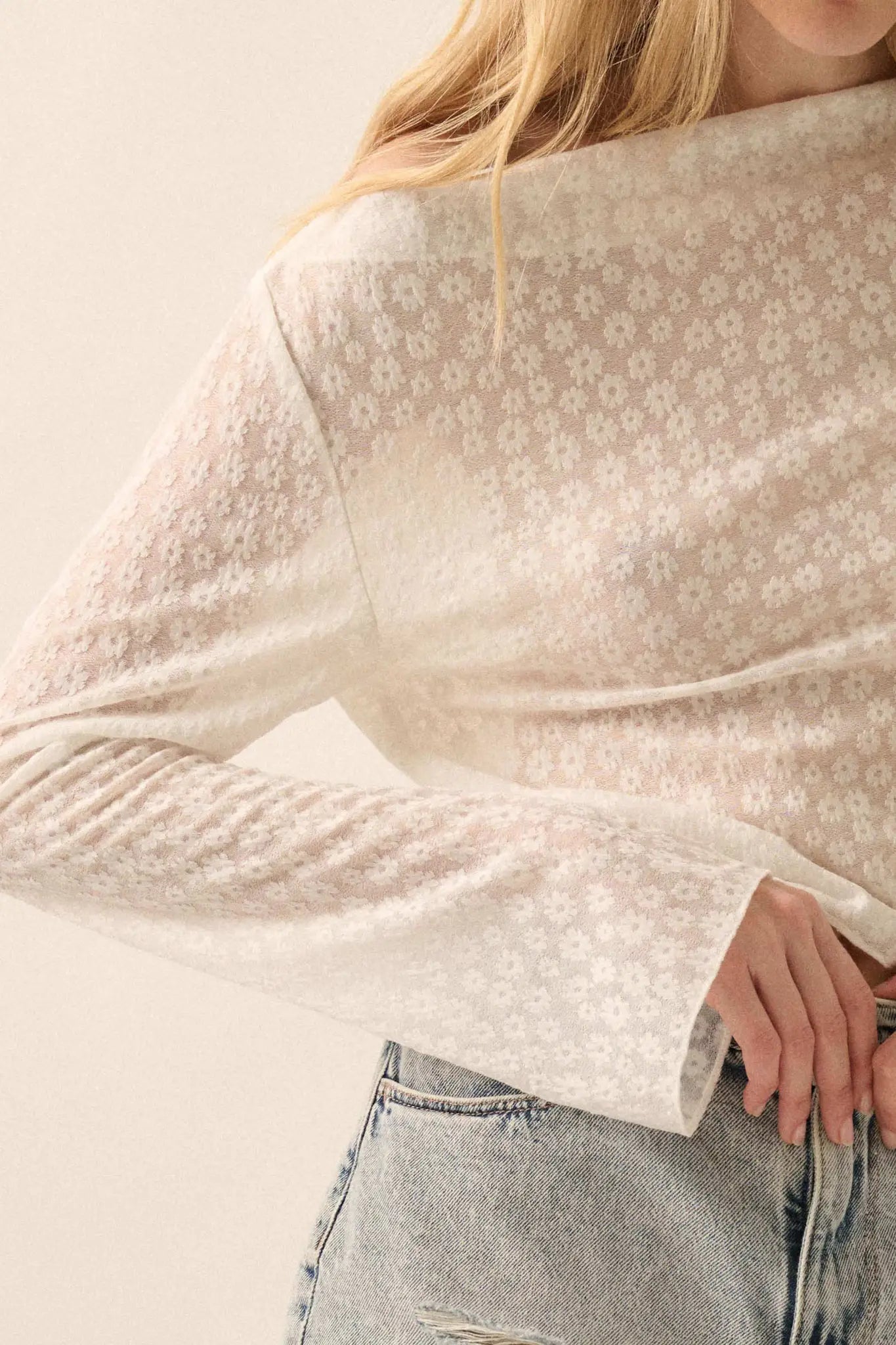 Delicate Petals Sheer Floral Jacquard Boatneck Top - ShopPromesa