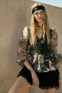 Harvest Blossoms Floral Organza Peplum Peasant Top - ShopPromesa