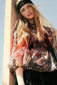 Harvest Blossoms Floral Organza Peplum Peasant Top - ShopPromesa
