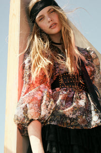 Harvest Blossoms Floral Organza Peplum Peasant Top - ShopPromesa