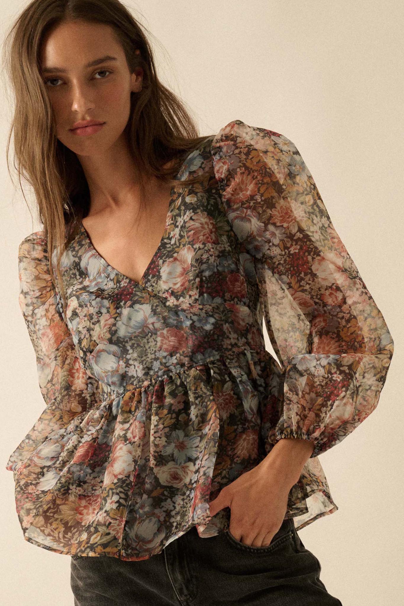 Harvest Blossoms Floral Organza Peplum Peasant Top - ShopPromesa