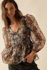 Harvest Blossoms Floral Organza Peplum Peasant Top - ShopPromesa