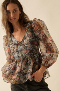 Harvest Blossoms Floral Organza Peplum Peasant Top - ShopPromesa