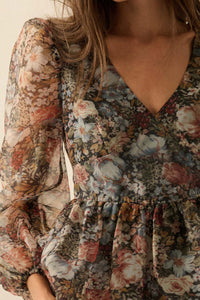 Harvest Blossoms Floral Organza Peplum Peasant Top - ShopPromesa