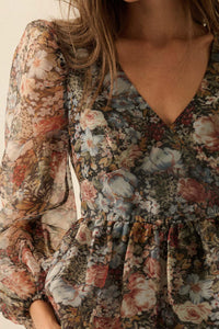 Harvest Blossoms Floral Organza Peplum Peasant Top - ShopPromesa