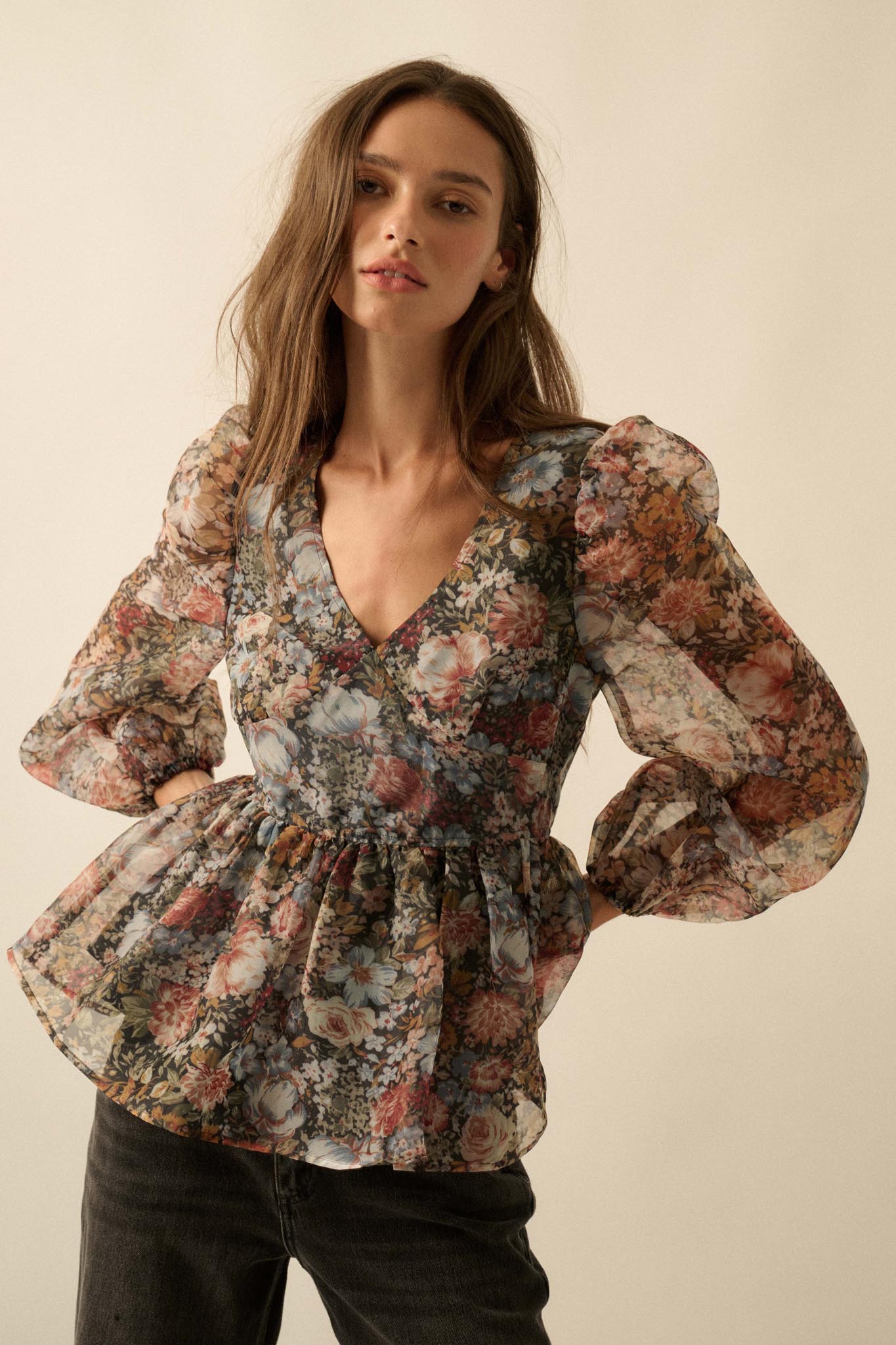Harvest Blossoms Floral Organza Peplum Peasant Top - ShopPromesa