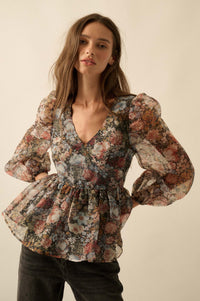 Harvest Blossoms Floral Organza Peplum Peasant Top - ShopPromesa