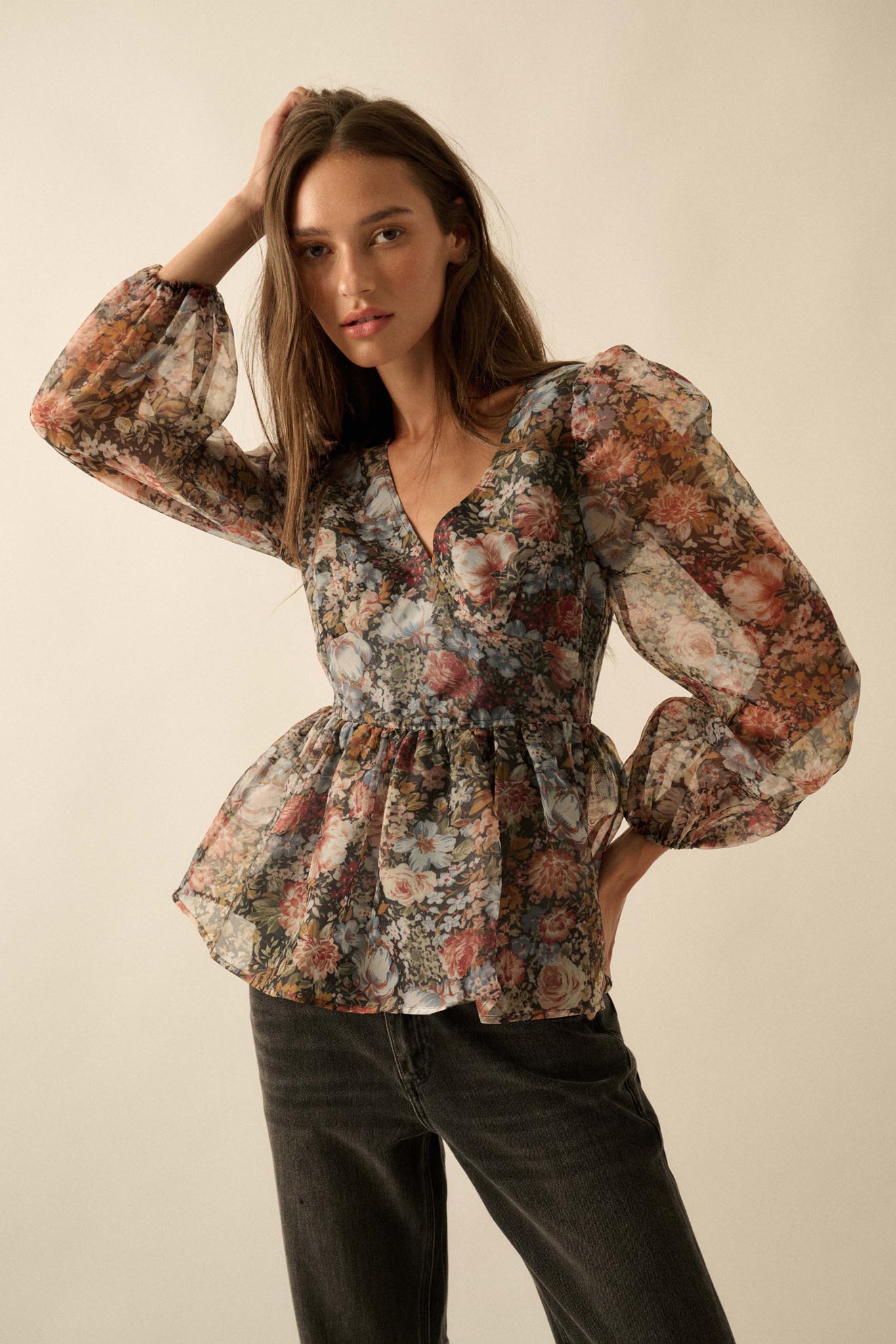 Harvest Blossoms Floral Organza Peplum Peasant Top - ShopPromesa