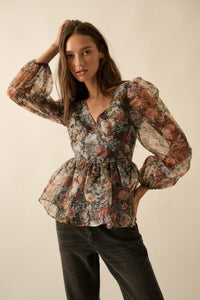 Harvest Blossoms Floral Organza Peplum Peasant Top - ShopPromesa