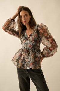 Harvest Blossoms Floral Organza Peplum Peasant Top - ShopPromesa
