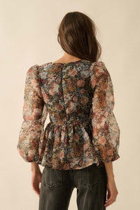Harvest Blossoms Floral Organza Peplum Peasant Top - ShopPromesa