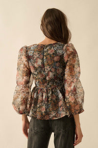 Harvest Blossoms Floral Organza Peplum Peasant Top - ShopPromesa