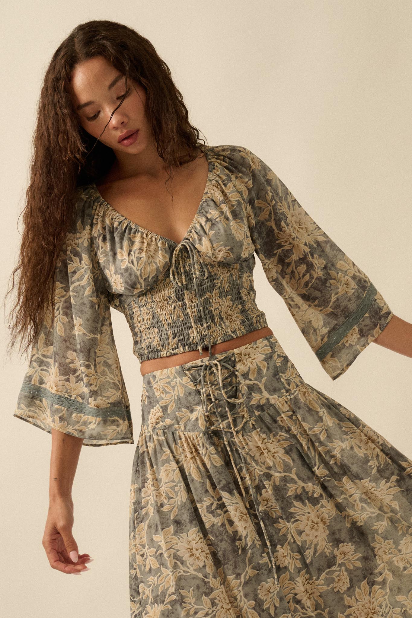 Dearest Love Floral Chiffon Cropped Peasant Top