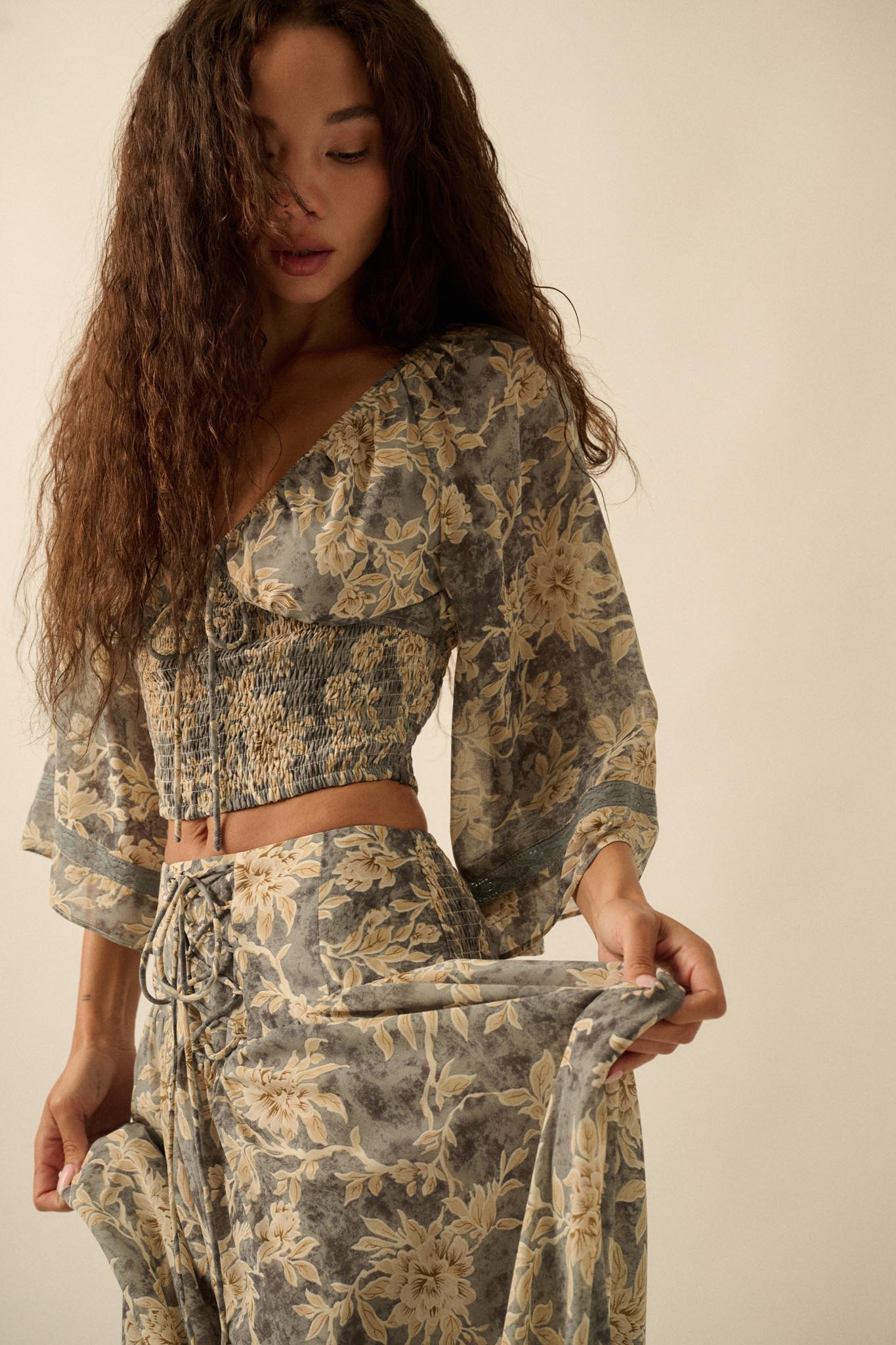 Dearest Love Floral Chiffon Cropped Peasant Top