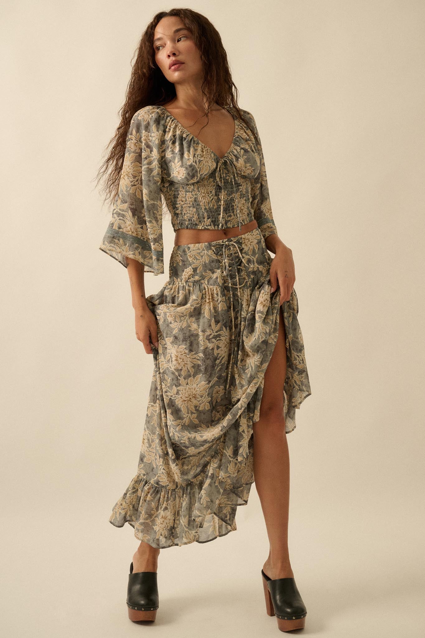 Dearest Love Floral Chiffon Cropped Peasant Top