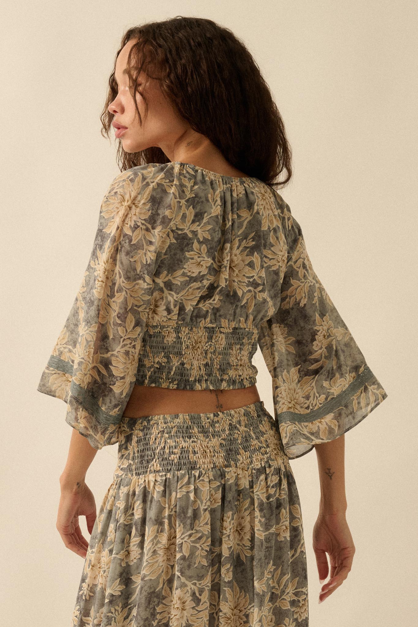 Dearest Love Floral Chiffon Cropped Peasant Top