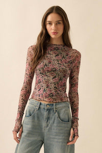 Bed of Roses Floral Mesh Mock-Neck Thumbhole Top - ShopPromesa