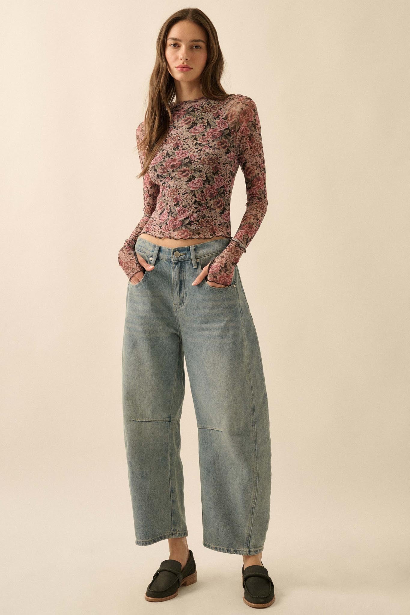 Bed of Roses Floral Mesh Mock-Neck Thumbhole Top - ShopPromesa