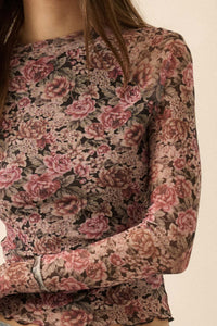 Bed of Roses Floral Mesh Mock-Neck Thumbhole Top - ShopPromesa