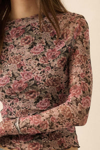 Bed of Roses Floral Mesh Mock-Neck Thumbhole Top - ShopPromesa