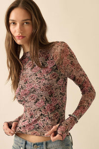 Bed of Roses Floral Mesh Mock-Neck Thumbhole Top - ShopPromesa