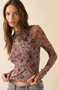 Bed of Roses Floral Mesh Mock-Neck Thumbhole Top - ShopPromesa