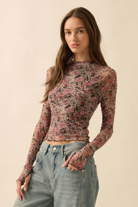 Bed of Roses Floral Mesh Mock-Neck Thumbhole Top - ShopPromesa