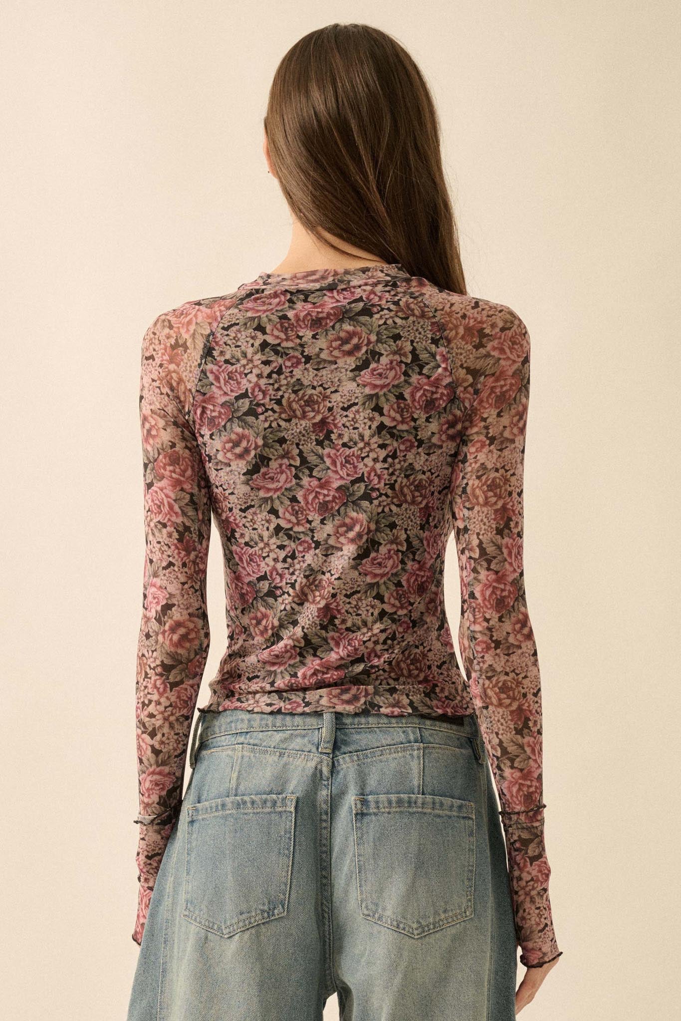 Bed of Roses Floral Mesh Mock-Neck Thumbhole Top - ShopPromesa