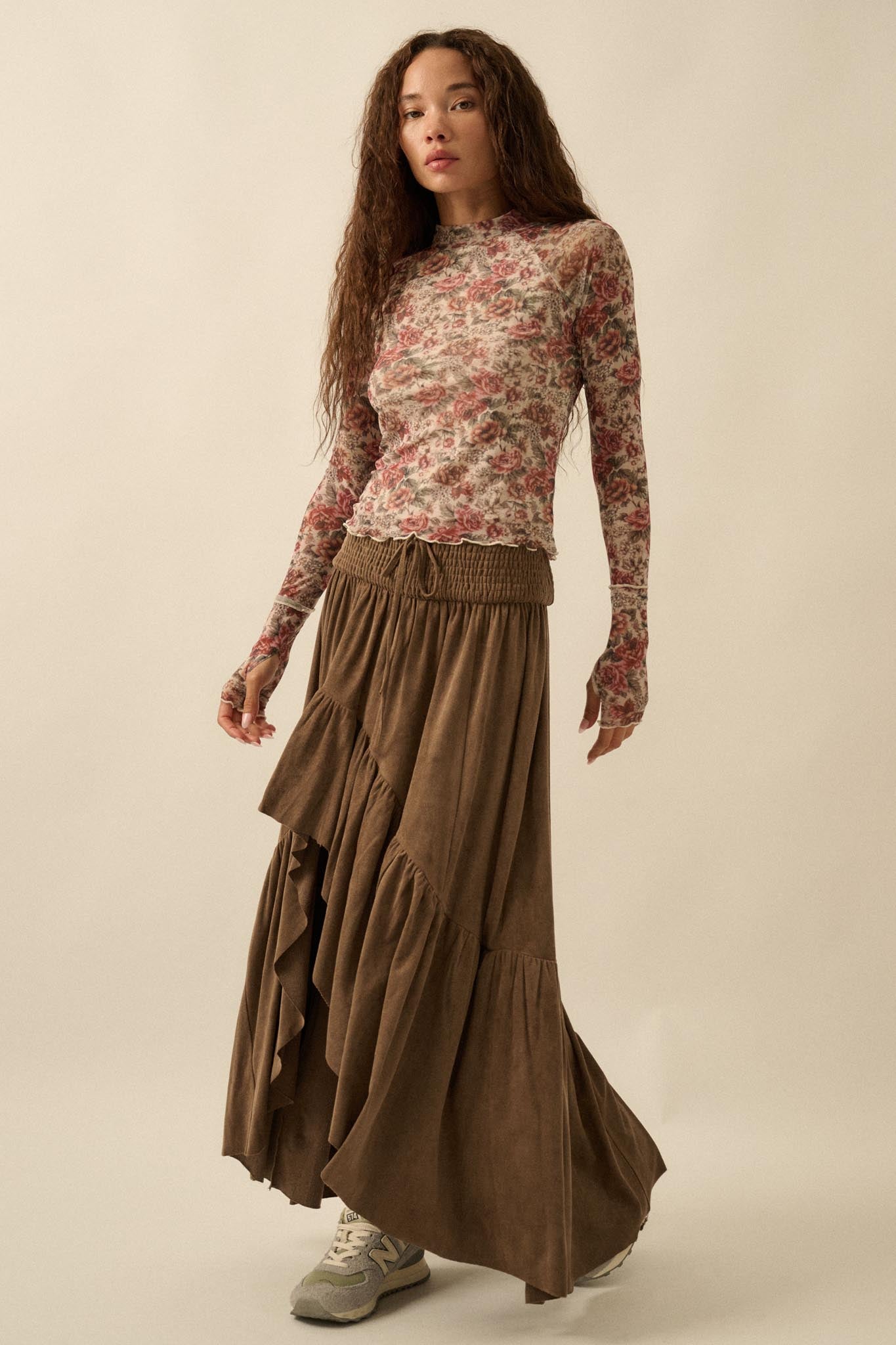 Bed of Roses Floral Mesh Mock-Neck Thumbhole Top - ShopPromesa