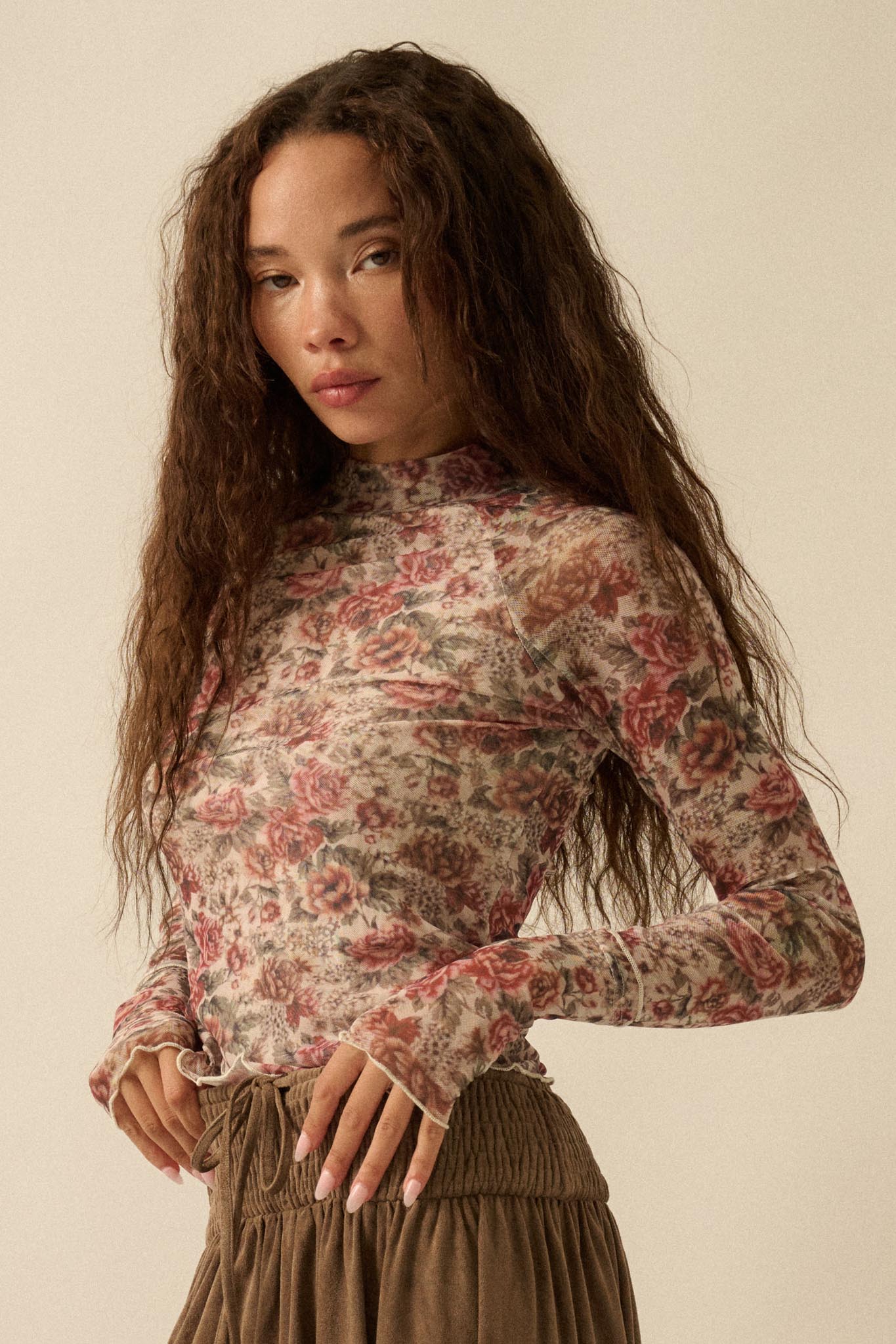 Bed of Roses Floral Mesh Mock-Neck Thumbhole Top - ShopPromesa