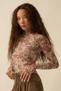 Bed of Roses Floral Mesh Mock-Neck Thumbhole Top - ShopPromesa