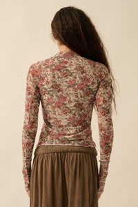 Bed of Roses Floral Mesh Mock-Neck Thumbhole Top - ShopPromesa