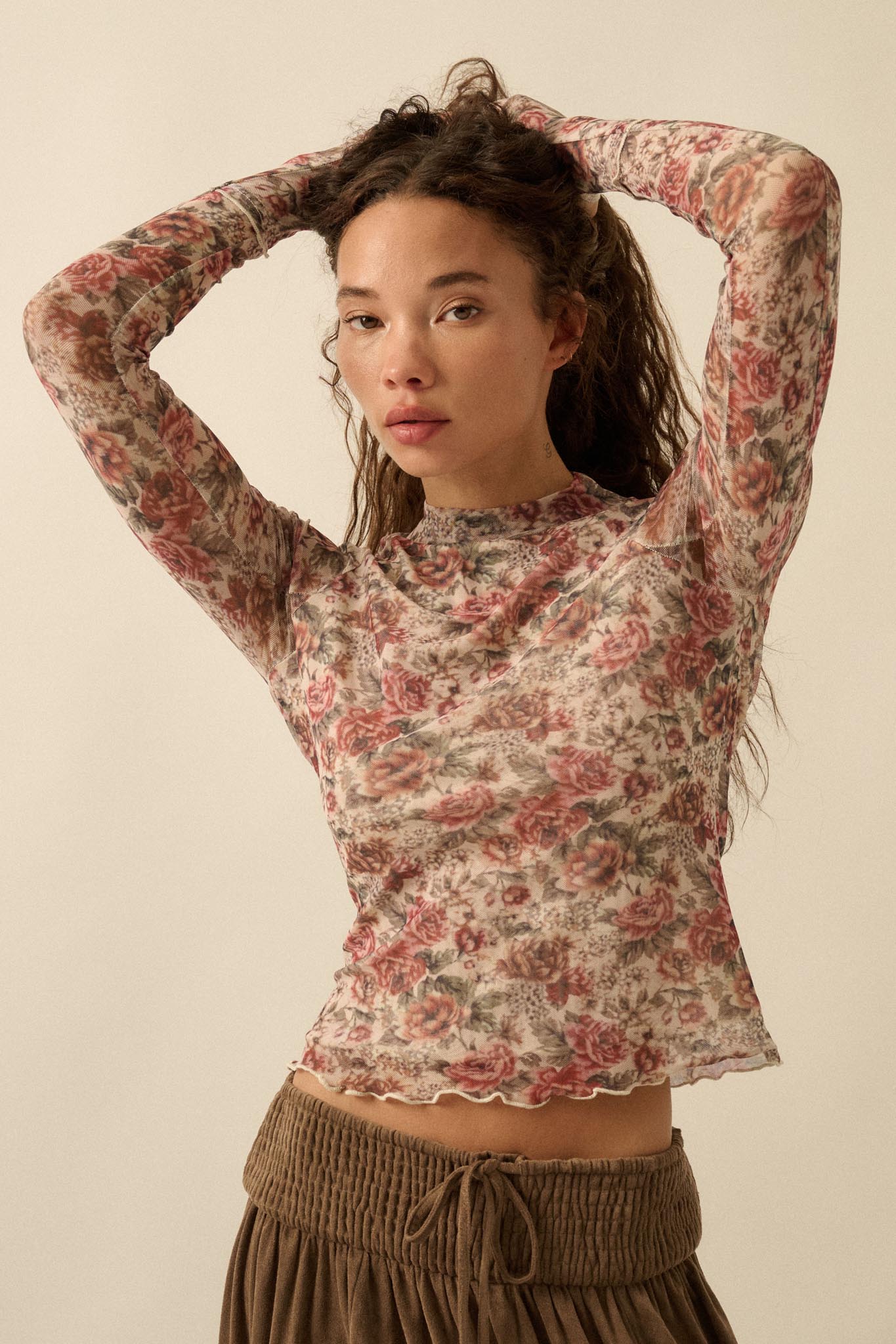 Bed of Roses Floral Mesh Mock-Neck Thumbhole Top - ShopPromesa